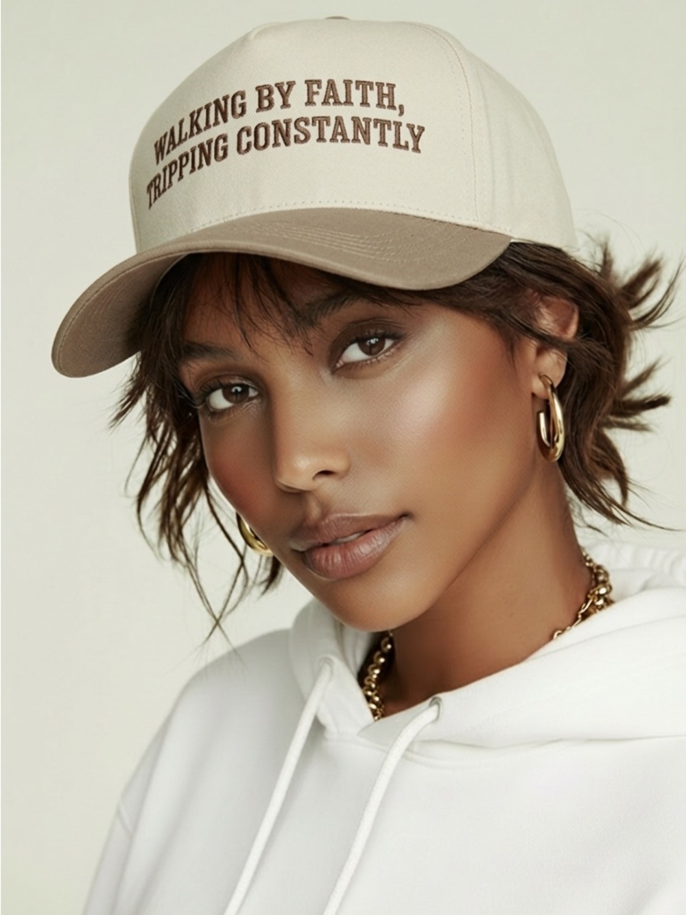 NWT Women’s Trucker Hat Cream & Tan Embroidered WALKING BY FAITH Baseball Cap